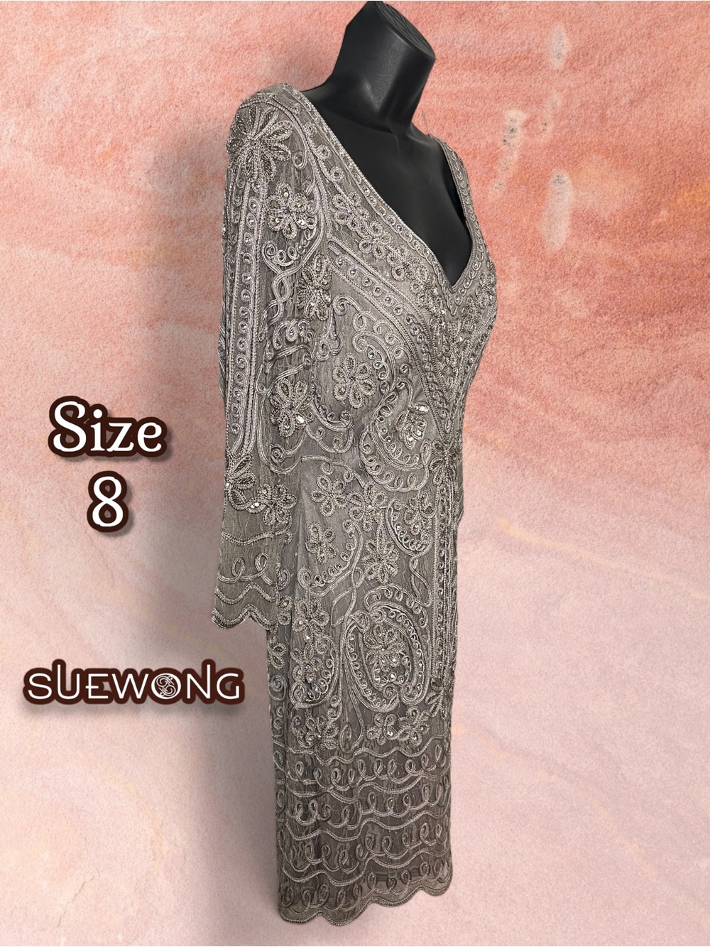 SUE WONG NOCTURNE Platinum Beaded Embroidered Evening Gown - Size 8 ✨